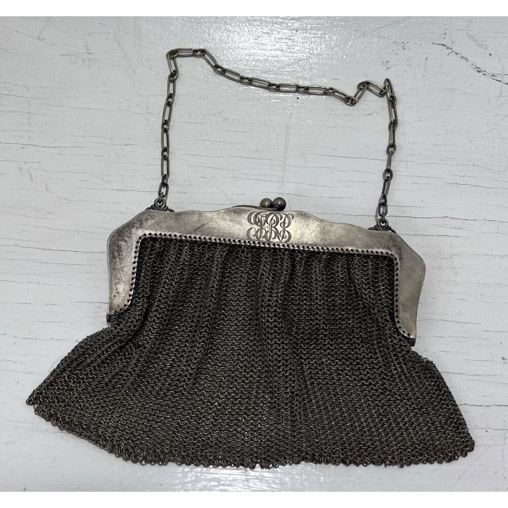 German Silver Mesh Purse Art Nouveau Chainmail Evening Bag Monogram c1900